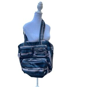 Lug Oversized Tote Bag Blue Stripe Nylon Travel Work Gym Carryall Shoulder Bag